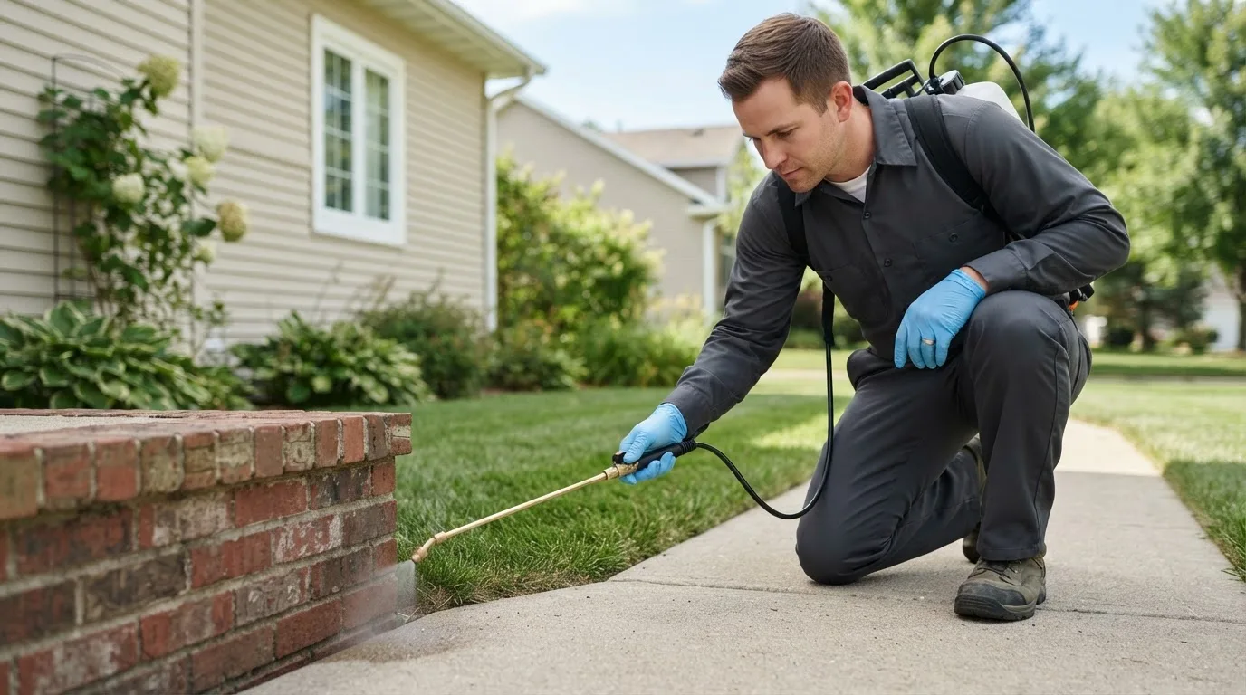 Pest control technician treating a home near Royal, NE
